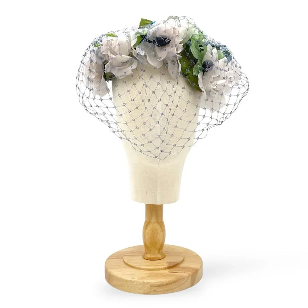 Vintage 1950s Le Cavalier Floral Hat w/ Veil White Roses Blue Accents Netting - Picture 4 of 15